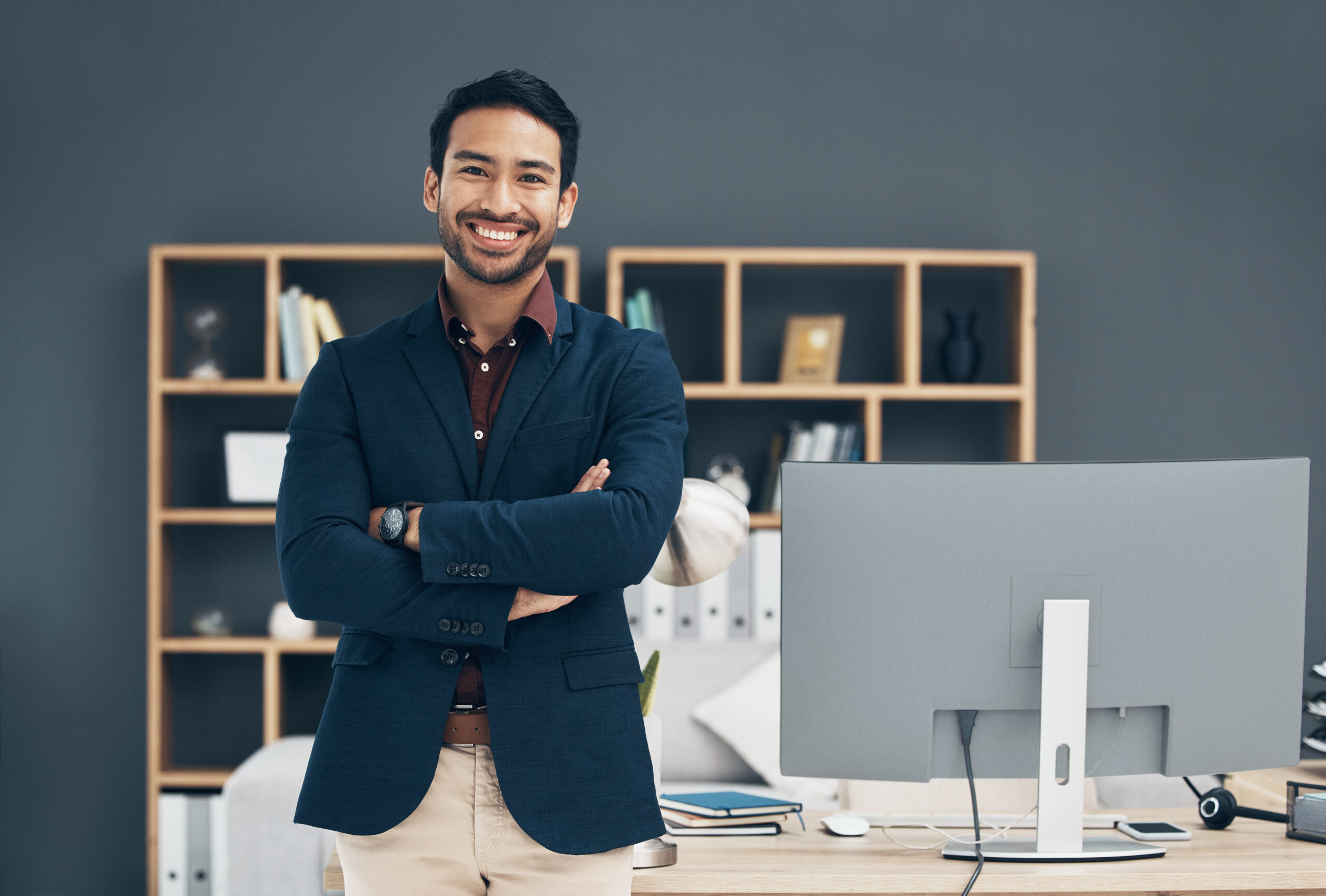 Office portrait, confident smile and man happy for startup law firm, corporate development or compa.