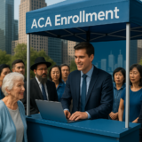 A diverse crowd including seniors, Jewish, Mexican, Chinese, and Armenian individuals gathers around a smiling broker in a blue suit at an ACA enrollment kiosk in a city park setting.