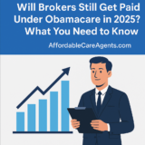 ACA health insurance broker in a suit standing beside an upward-trending bar chart, symbolizing stable broker compensation under Obamacare in 2025.