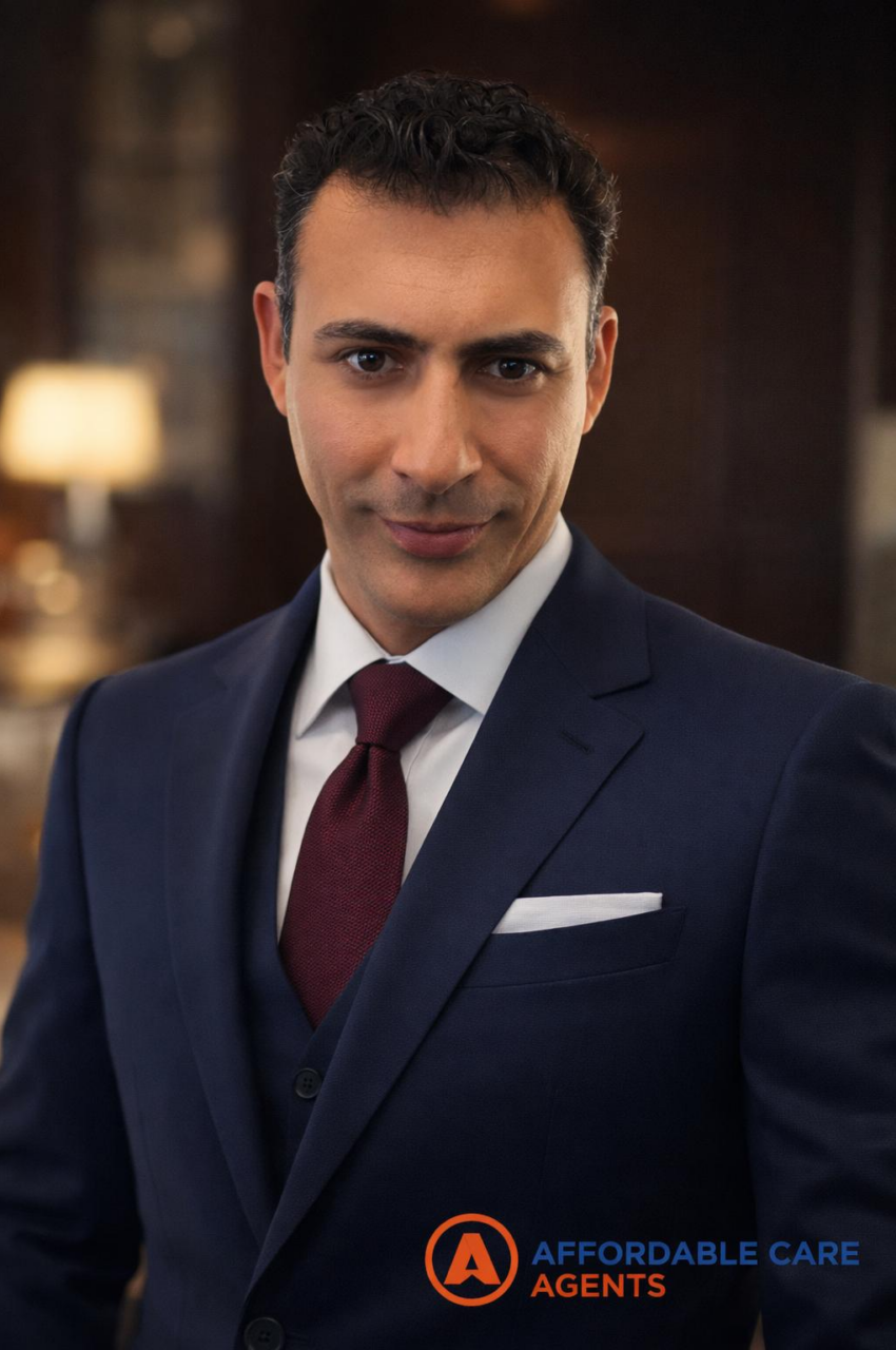 Professional headshot of a confident health insurance agent wearing glasses and a navy suit
