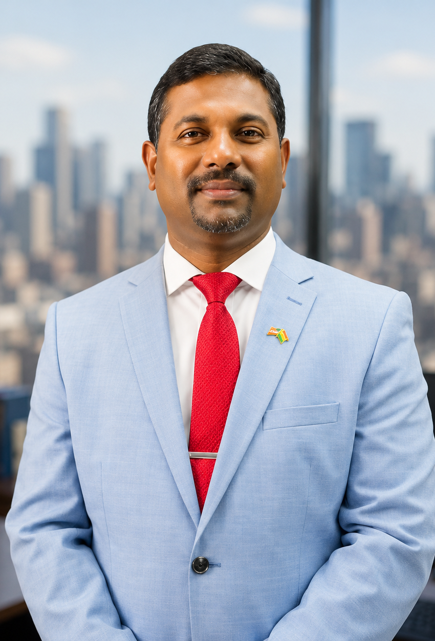 Professional headshot of Roshan Thomas, licensed health insurance agent at Affordable Care Agents, wearing a light blue suit with a blurred city skyline background.
