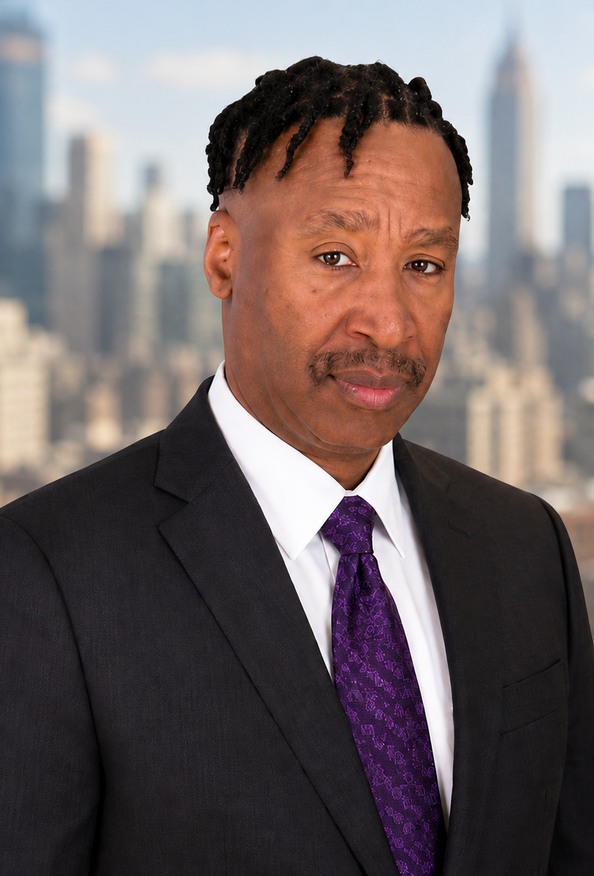 Professional headshot of Lerone Scarville, licensed health insurance agent at Affordable Care Agents, wearing a charcoal suit with a blurred city skyline background.