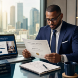 Licensed Medicare insurance broker reviewing AHIP 2027 certification documents in professional office