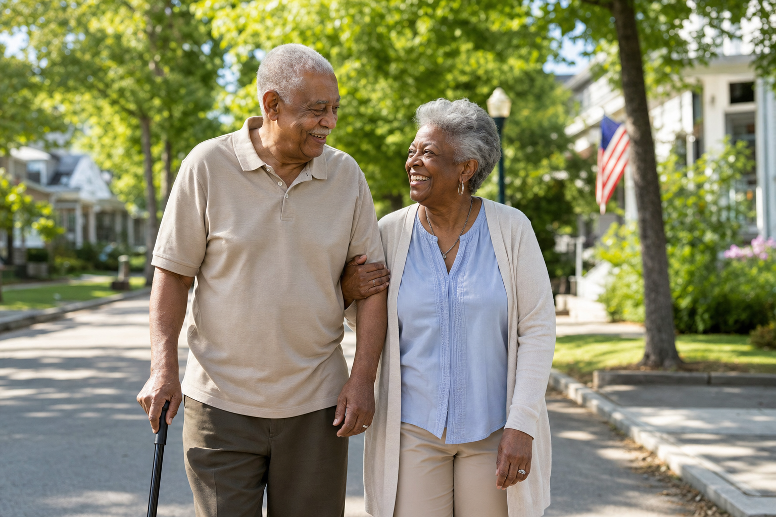 Senior couple walking together in their neighborhood community, supported by long-term care benefits