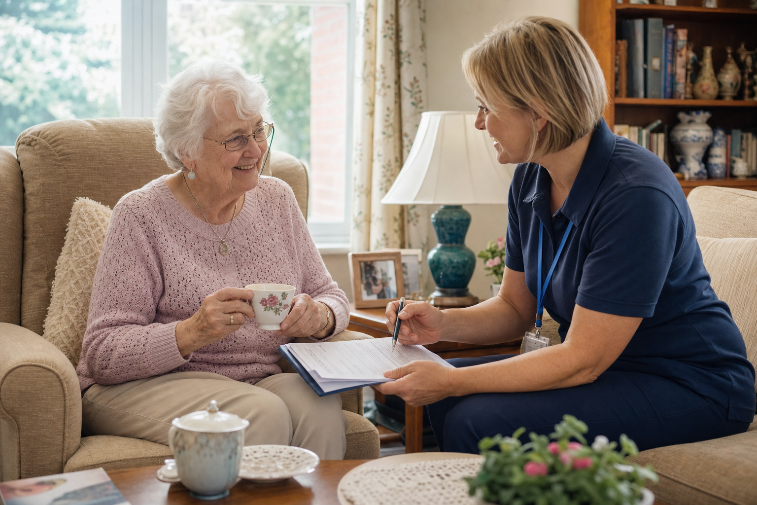 Senior woman receiving in-home support from a personal care worker as part of an Elderplan MAP plan