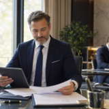 Medicare insurance broker reviewing 2027 carrier certification documents at modern office desk, Affordable Care Agents