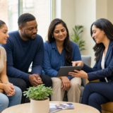 Licensed insurance broker reviewing EmblemHealth Medicaid and Essential Plan benefits with diverse New York City community members in a health clinic
