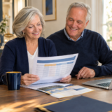 Happy senior couple reviewing Medicare Advantage 2027 plan comparison documents at home with laptop