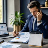 Medicare insurance broker reviewing enrollment data charts and making client outreach calls before AEP 2026 open enrollment season