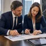 Licensed insurance broker professionals reviewing TOTAL and MAP plan benefit comparison documents in New York City office