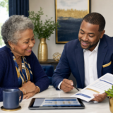 Medicare insurance broker and senior client reviewing WellCare Medicare Advantage AEP 2027 plan comparison documents and benefits information